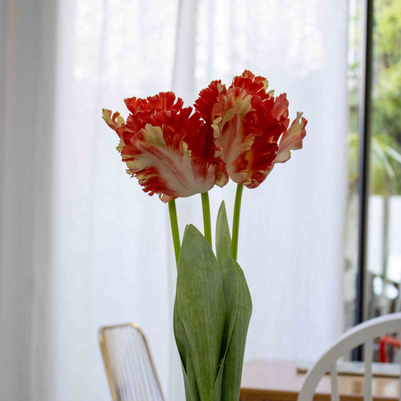 Tulipe perroquet orange artificielle à la tige, fausse fleur déco x3, fleur synthétique réaliste, fleur real touch Flowrette