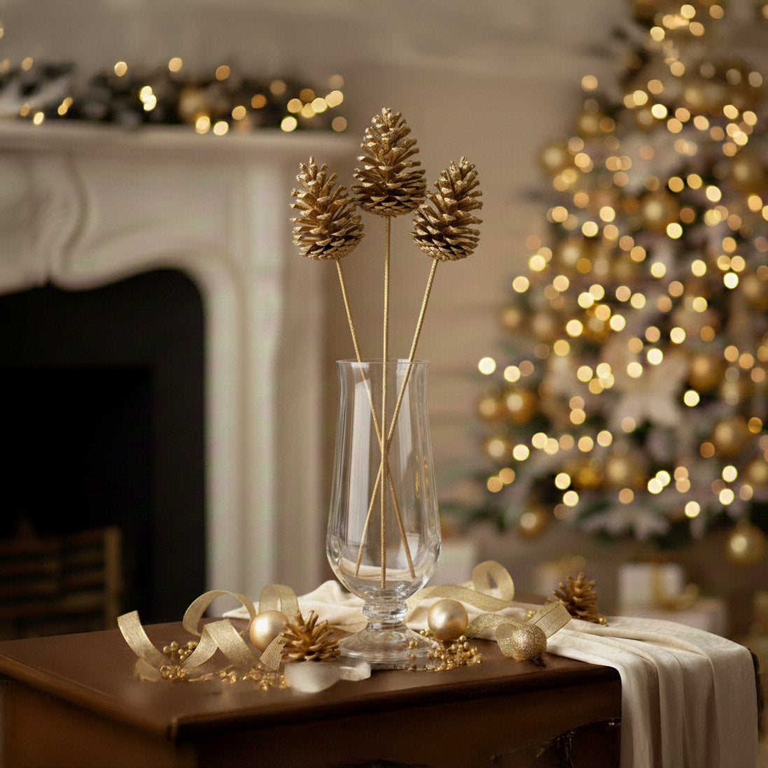 Tannenzapfen - goldener Stiel